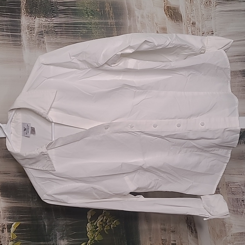 Worthington Womens 14 Petite Stretch crisp white button up dress shirt